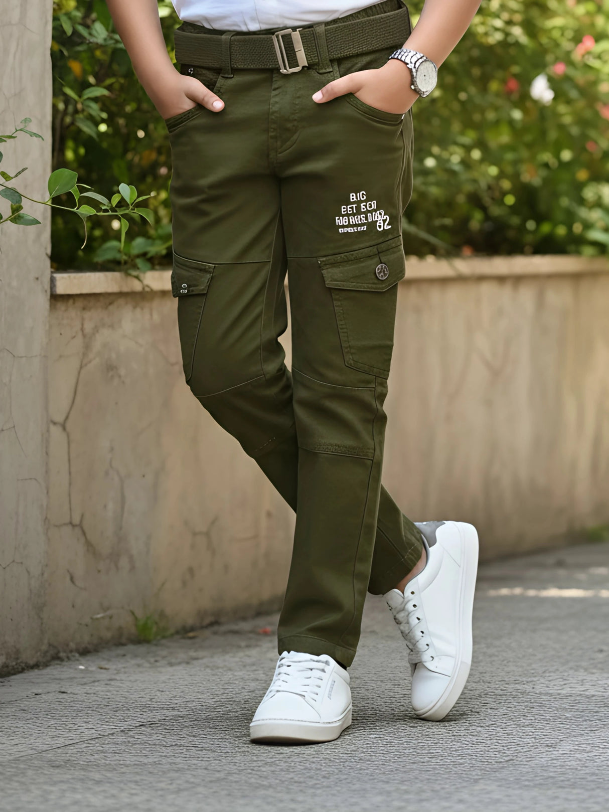 Boys' Olive Green Tactical Utility Cargo Pants with Matching Belt
