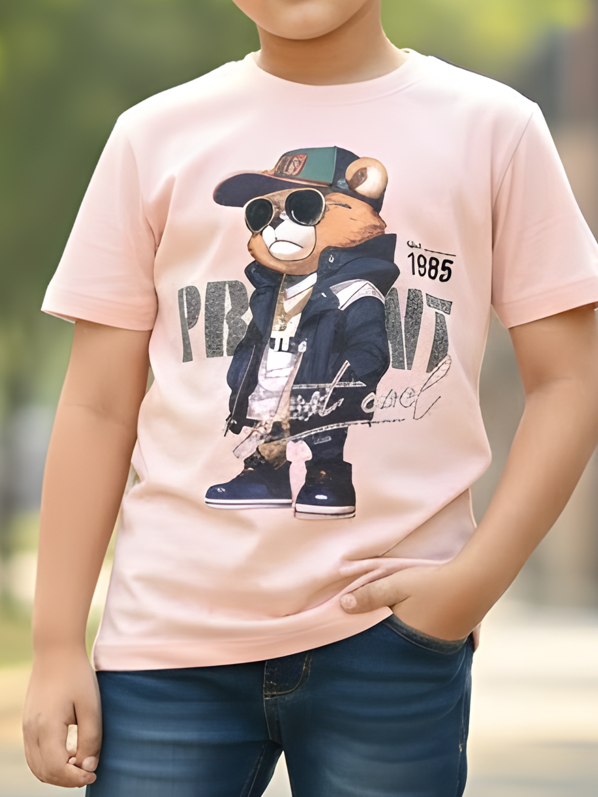 Boys' "Urban Bear" Streetwear Graphic T-Shirt - Soft Peach