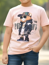 Boys' "Urban Bear" Streetwear Graphic T-Shirt - Soft Peach