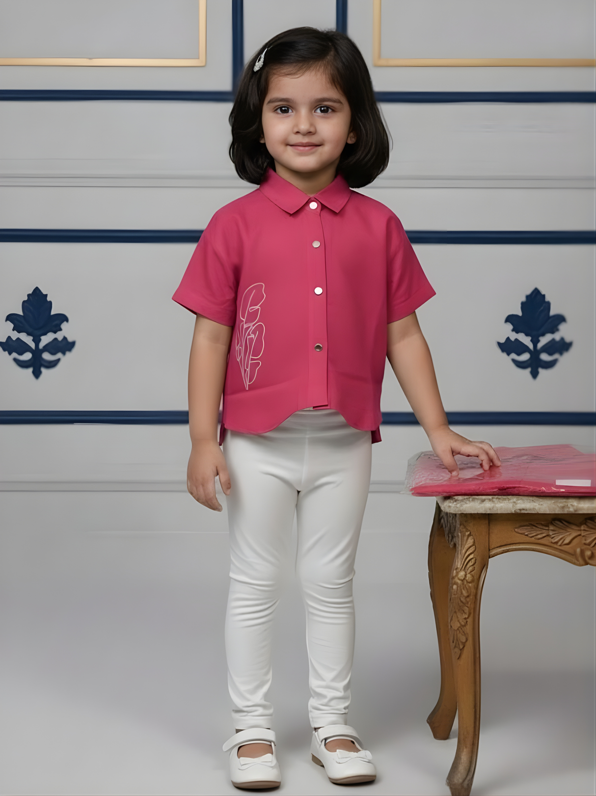 Girls Magenta Pink Embroidered Short Sleeve Shirt