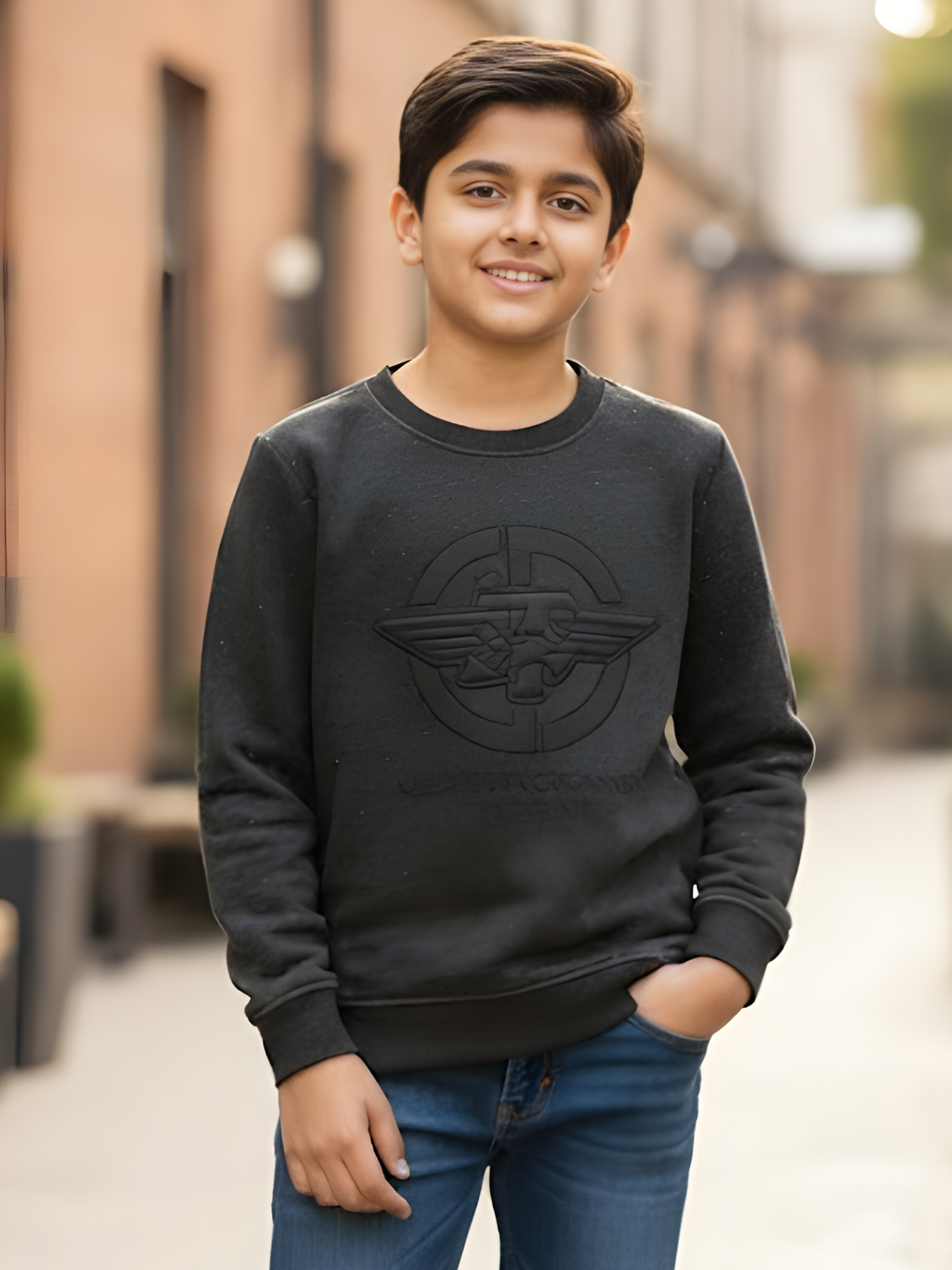 Boys' Premium Charcoal Black Textured Full Sleeve Sweatshirt