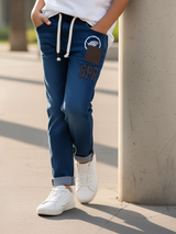 Boys' Dark Wash Denim Patchwork Jeans with Drawstring Waist