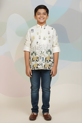 Boys' Elegant Cream Printed Bandhgala Waistcoat with Traditional Elephant and Nature Motifs