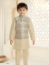 Boys' Festive Beige/Cream Kurta Set with Multi-Color Patterned Waistcoat