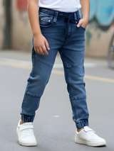 Boys' Slim-Fit Mid-Blue Denim Joggers with Elasticated Drawstring Waist