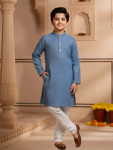 Boys Blue Textured Kurta with White Pajama Set