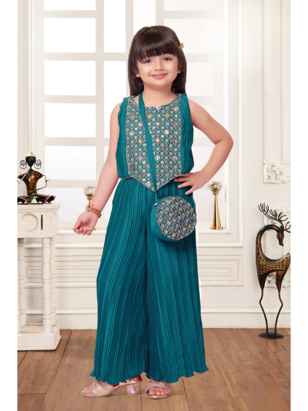 Girls Traditional Sleeves Less Plazo Set - Green