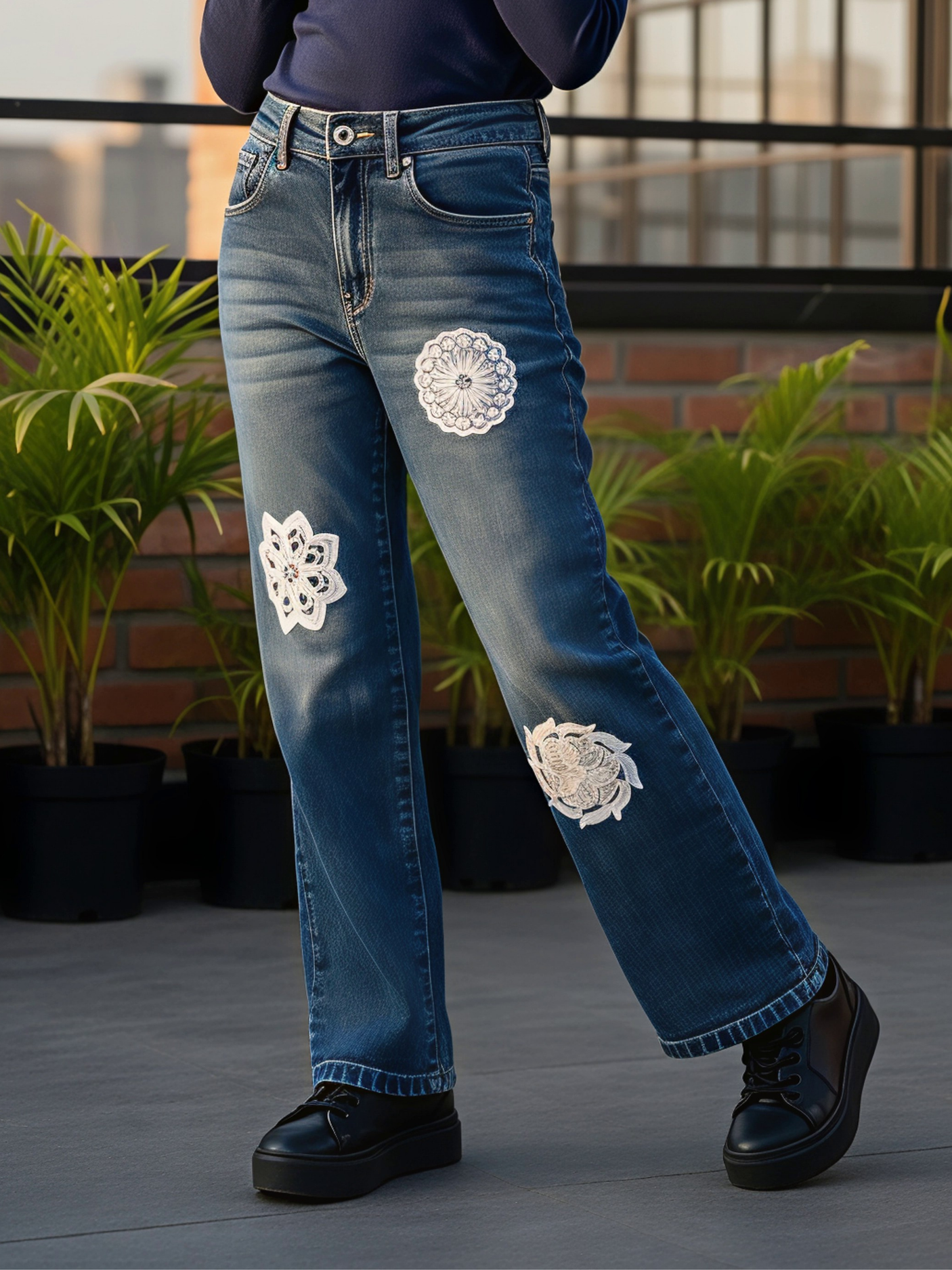 Girls' Blue Embroidered Wide-Leg Denim Jeans.