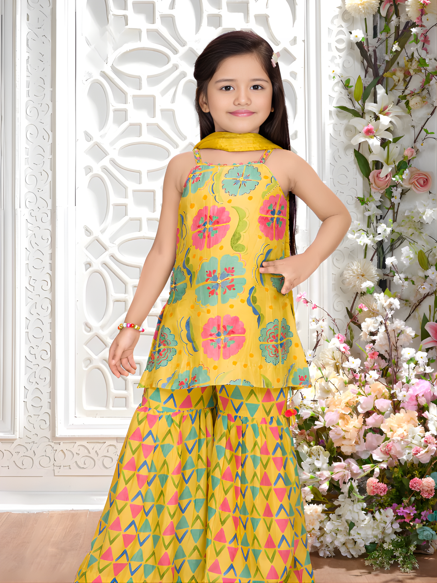 Girls' Festive Yellow Floral Crop Top & Geometric Tiered Sharara Set