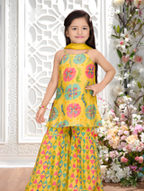 Girls' Festive Yellow Floral Crop Top & Geometric Tiered Sharara Set