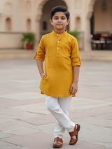 Boys Mustard Yellow Mandarin Collar Cotton Kurta