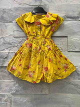 Girls' Yellow Floral Summer Dress with Ruffle Collar & Buttons