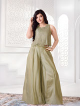 Girls Sleeveless Heavily Embellished Crop Top Palazzo Suit
