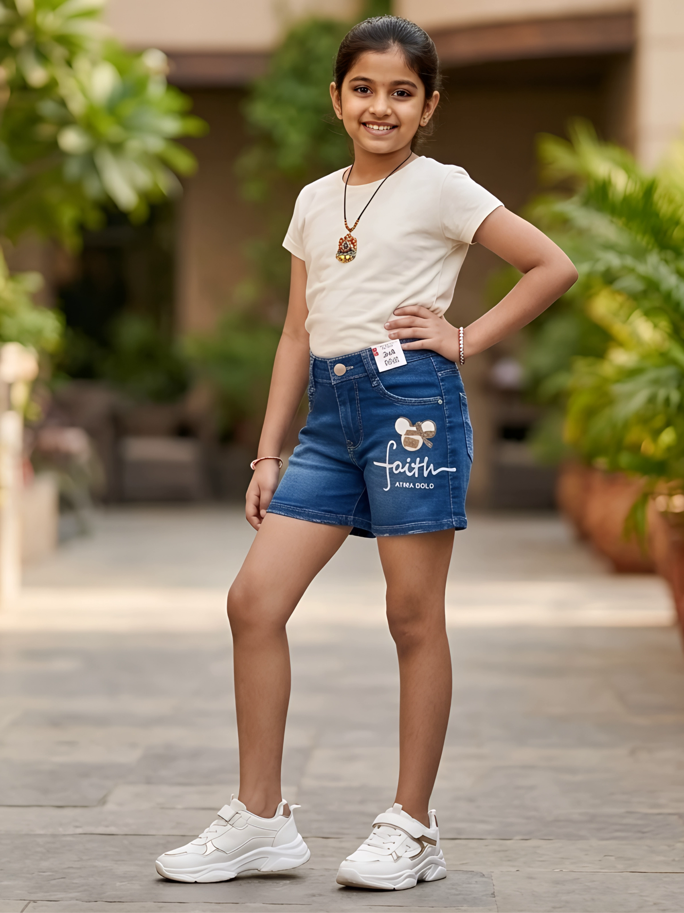 Girls' Blue Denim Shorts with "Faith" Graphic Print