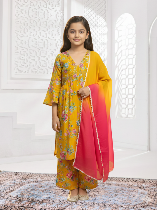 Girls' Sunny Yellow Floral Print Kurta and Palazzo Set with Ombré Dupatta