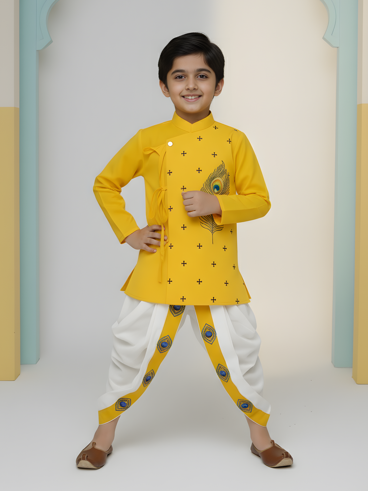 Boys' Yellow Printed Angrakha Kurta and White Dhoti Set