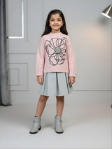 Girls' Pink Long Sleeve T-Shirt with Black Floral Graphic