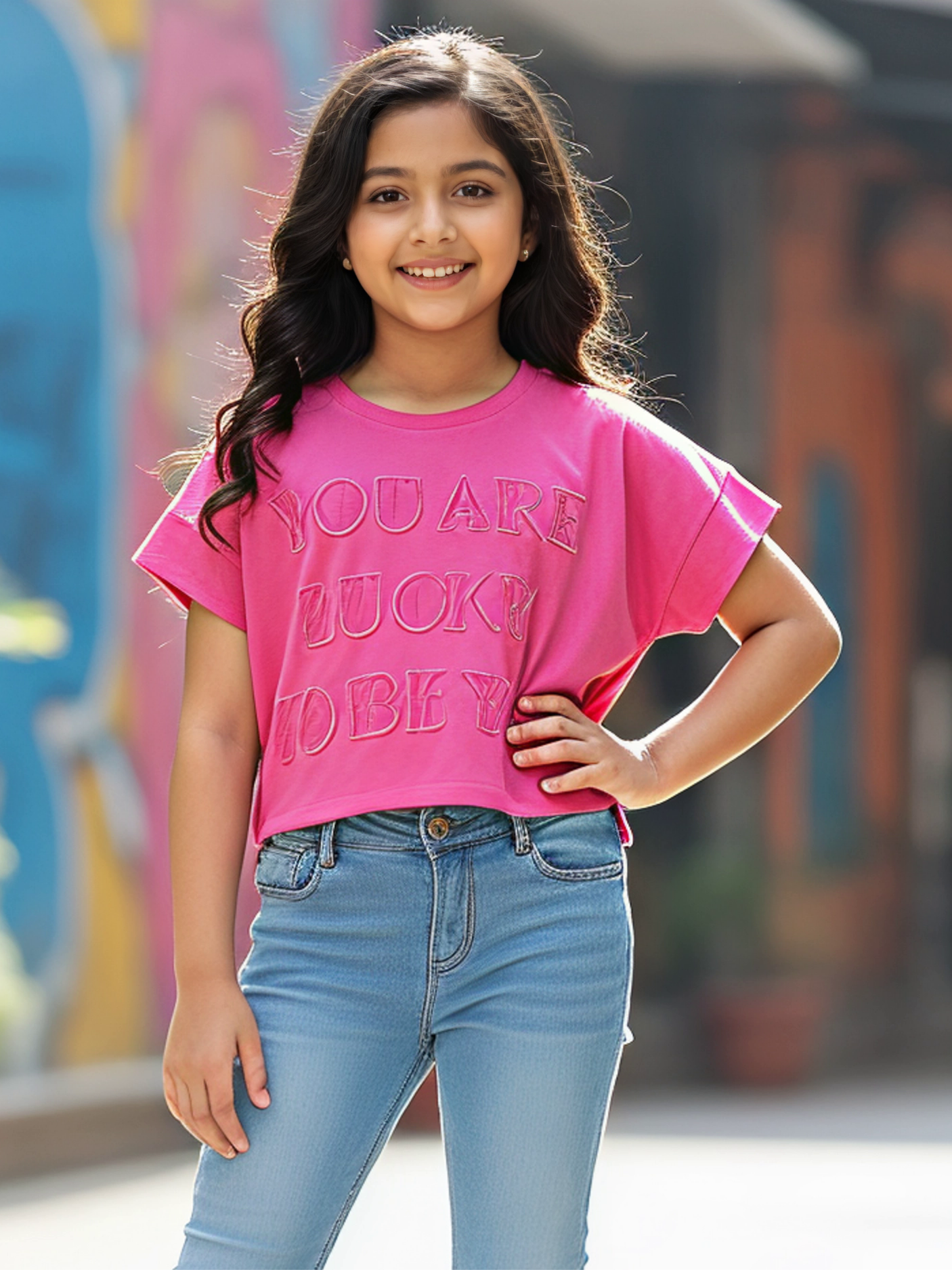 Girl's Vibrant Pink Embossed Graphic Top