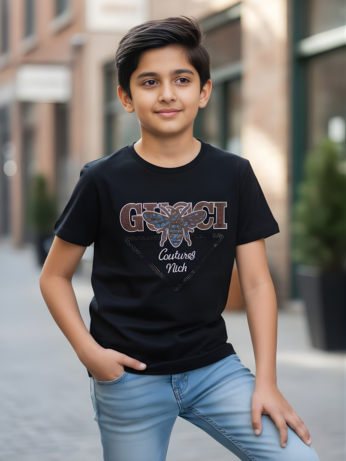 Kids' Designer-Inspired Bee Graphic T-Shirt - Black Short Sleeve Tee.