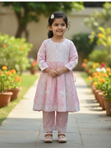 Girls' Pastel Pink Chikankari-Inspired Embroidered Kurti Set