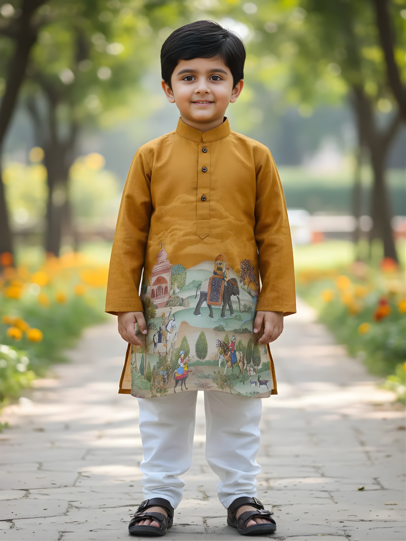 Boys Mustard Yellow Mughal Heritage Printed Kurta Set