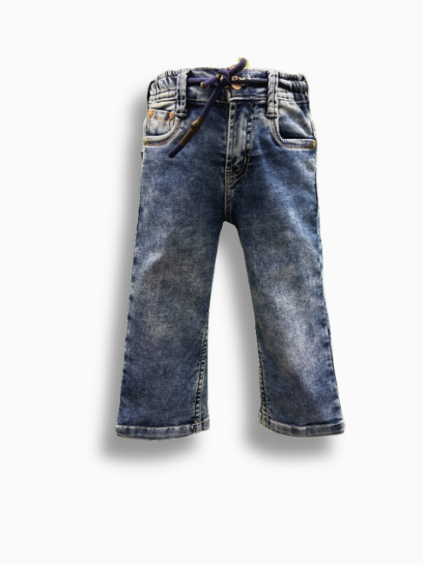 A pair of boys' light blue acid wash denim jeans with a textured all-over wash pattern, an elastic waistband, and a dark blue drawstring.