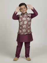 Boys' Regal Purple Kurta Pajama with Elephant Print Nehru Jacket