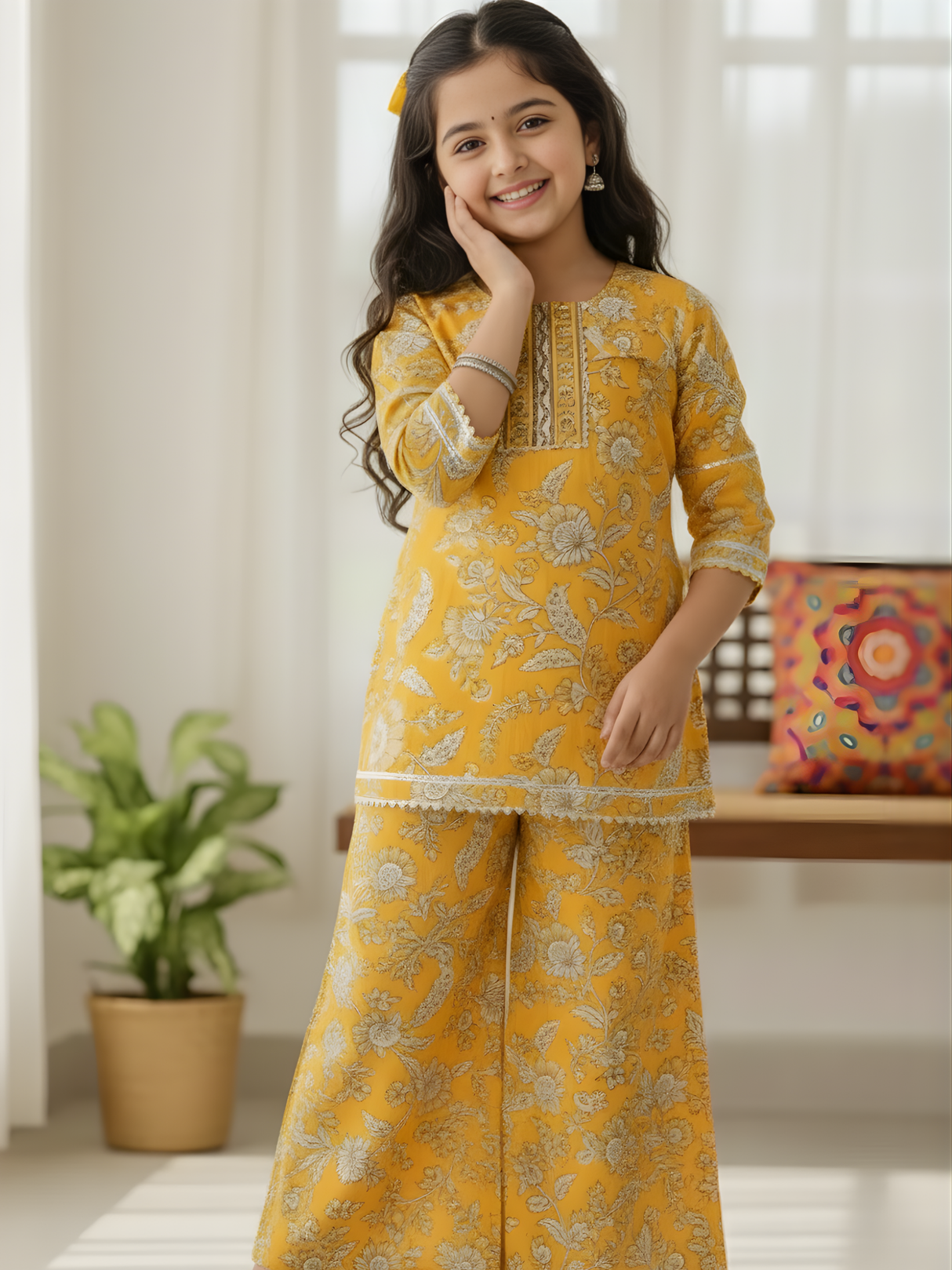 Girls Mustard Yellow Floral Printed Kurti and Palazzo Set