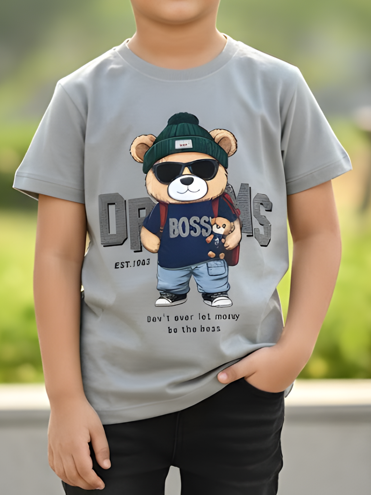 Boys' "Boss Bear" Streetwear Graphic T-Shirt - Steel Grey