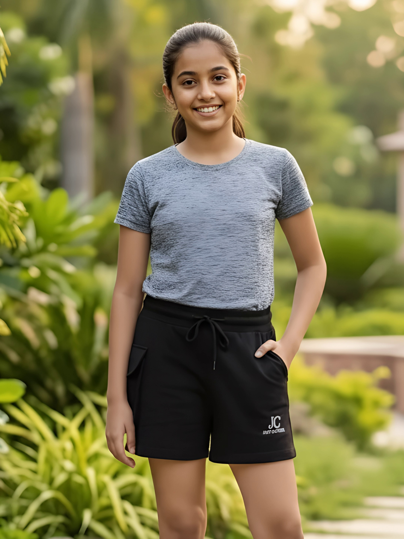 Girls' Versatile Utility-Style Casual Black Shorts