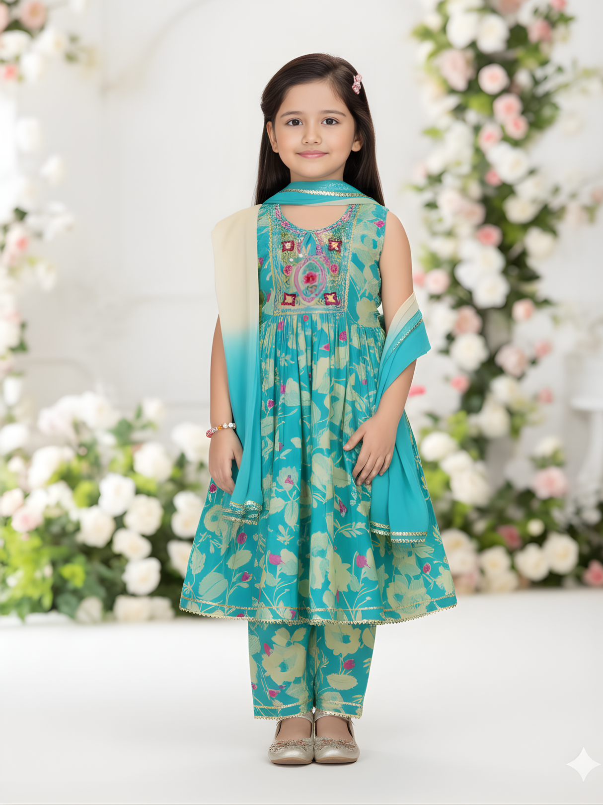 Girls' Aqua Floral Print Kurta Sharara Set | Embroidered Yoke Traditional Dress.