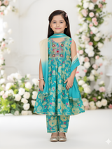 Girls' Aqua Floral Print Kurta Sharara Set | Embroidered Yoke Traditional Dress.