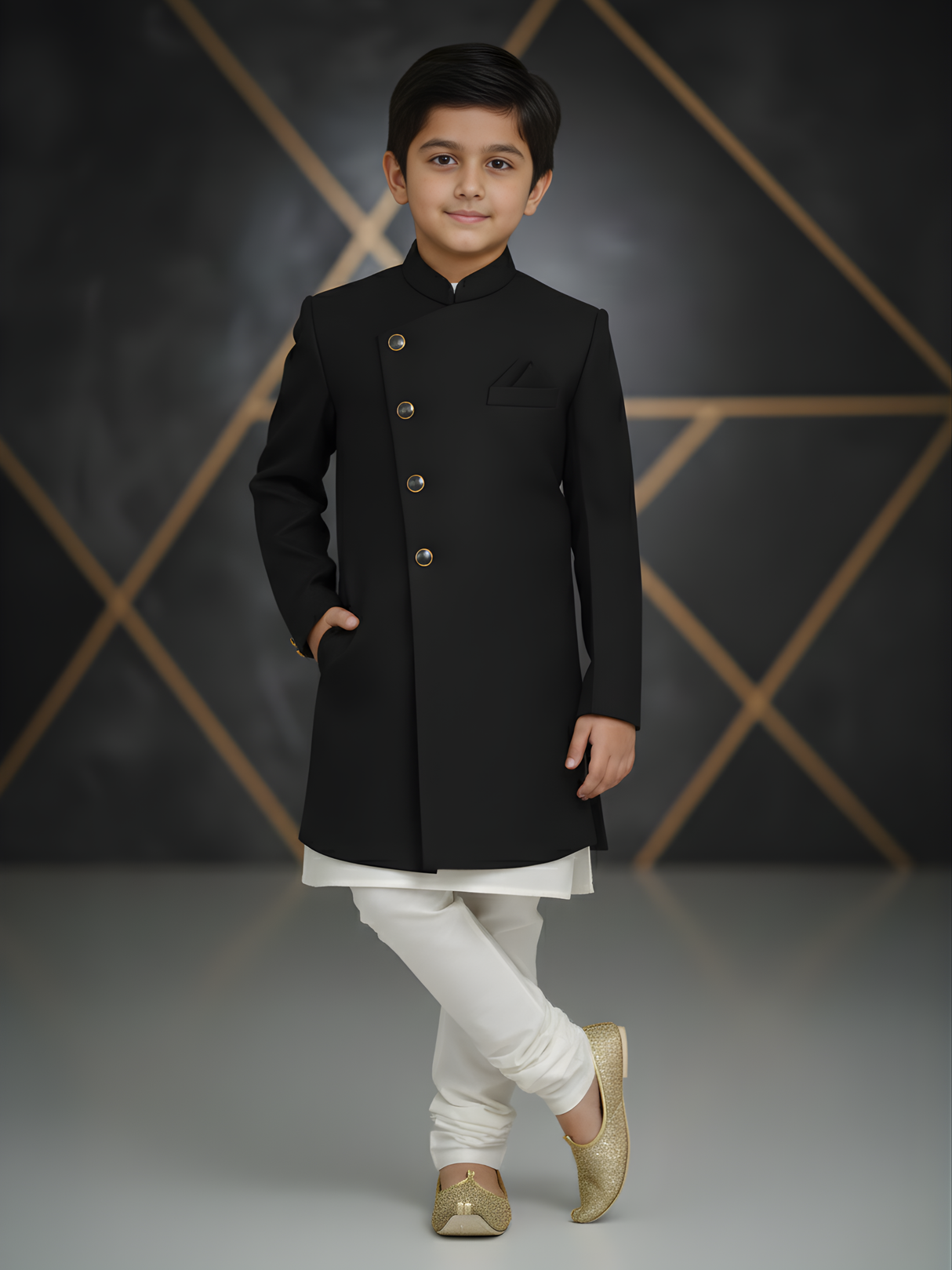 Boys' Formal Black Bandhgala Sherwani / Achkan Coat
