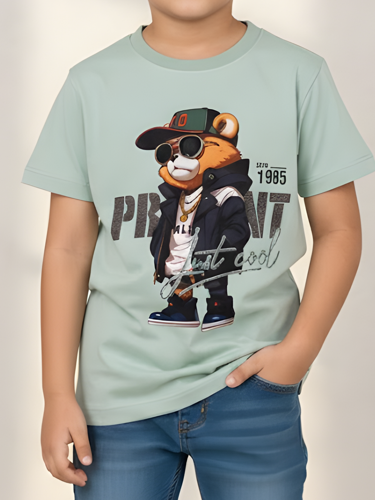 Boys' "Boss Bear" Streetwear Graphic T-Shirt - Light Green
