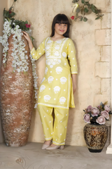 Girls' Yellow Cotton Chikankari Kurta and Trouser Set