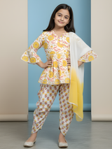 Girls Cream & Yellow Floral Angrakha Kurta with Plazo and Dupatta Set