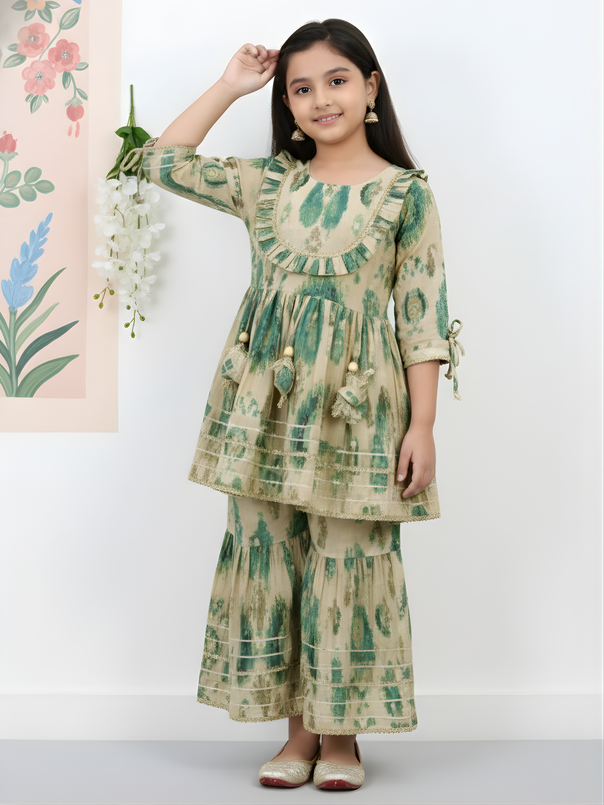 Girls Cream & Green Ikat Print Sharara Set