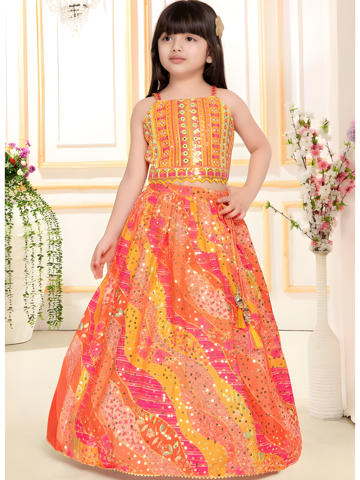 Girls' Elegant White Multi-Color Floral Lehenga Choli
