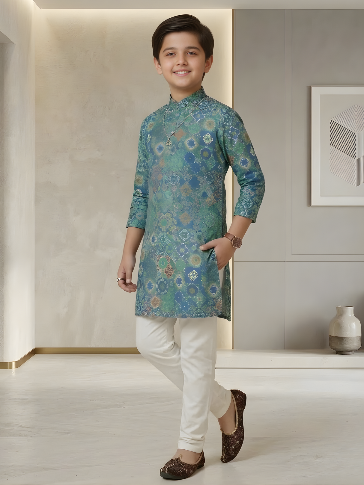 Boys' Festive Multi-Color Geometric Print Kurta with Cream Pyjama Set.