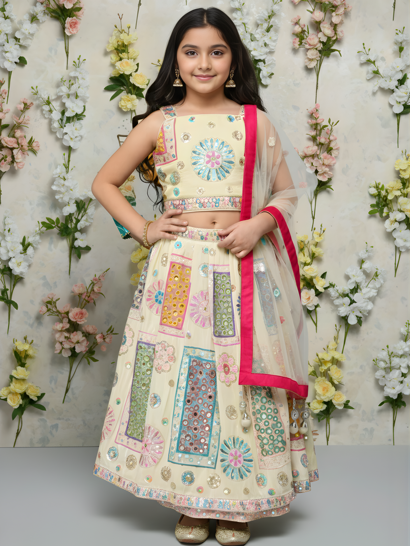 Girls' Cream Lehenga Choli Set with Multi-Color Patchwork and Mirror Work