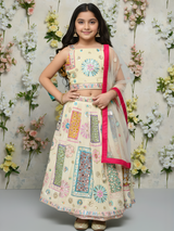 Girls' Cream Lehenga Choli Set with Multi-Color Patchwork and Mirror Work