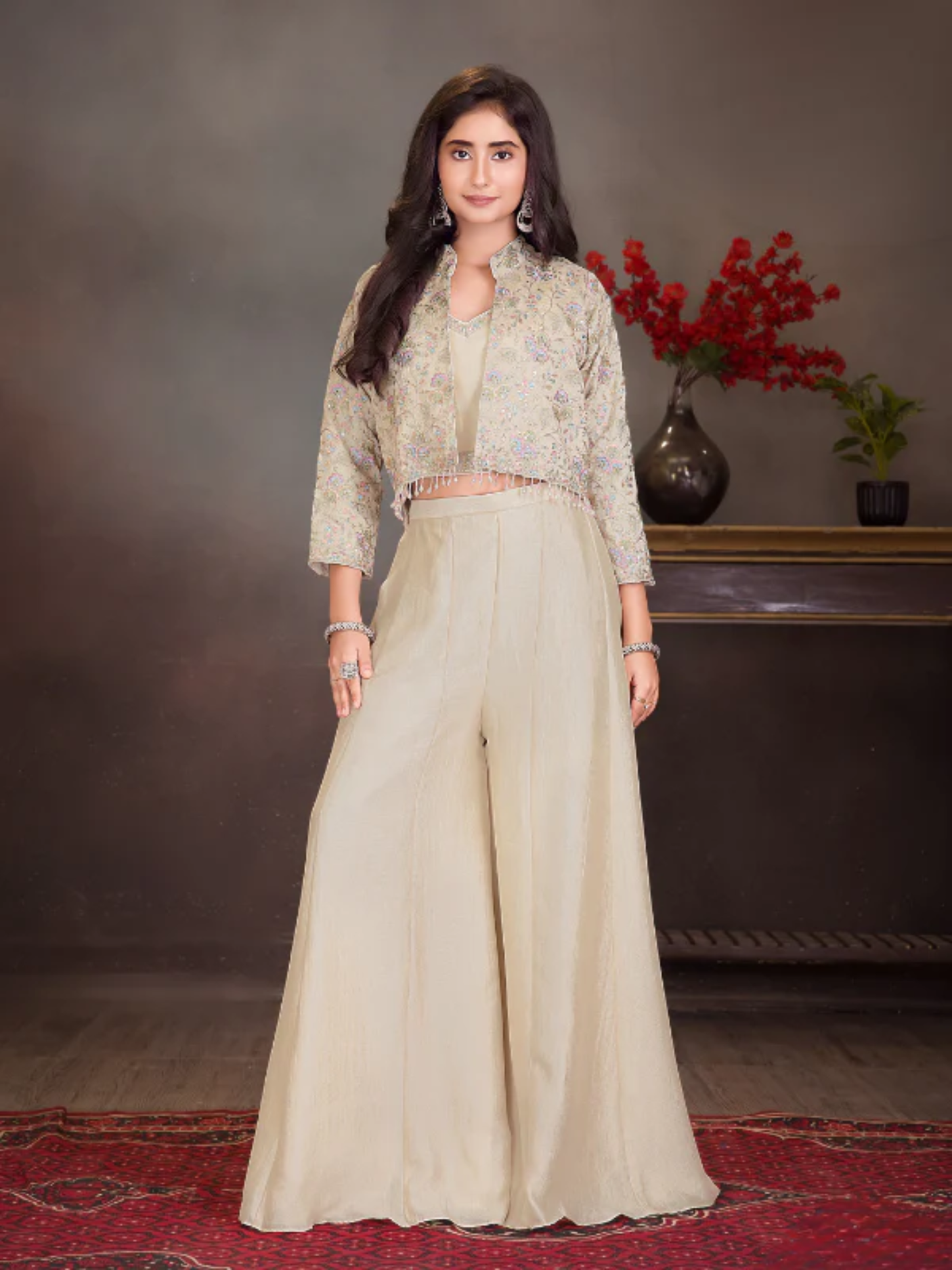 Girls' Cream Palazzo Set with Embroidered Crop Top and Cropped Jacket