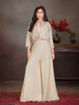 Girls' Cream Palazzo Set with Embroidered Crop Top and Cropped Jacket