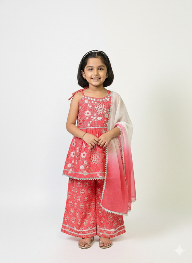 Full-length image of a young girl wearing a coral red and white printed peplum kurta with shoulder ties, wide-leg palazzo pants, and a white-to-red ombre dupatta with silver trim.