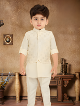 Boys' Natural Cream Bandhgala Jacket with Elephant & Nature Print