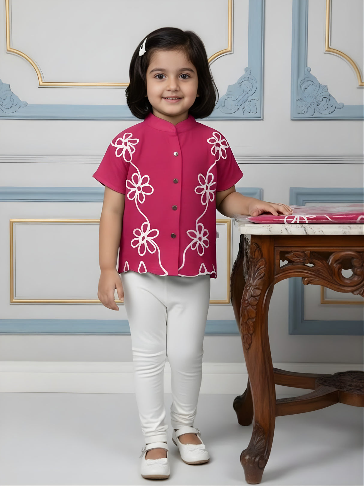 Girls Deep Pink Mandarin Collar Shirt with White Floral Embroidery