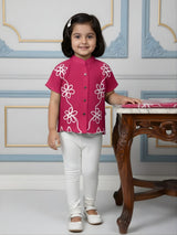 Girls Deep Pink Mandarin Collar Shirt with White Floral Embroidery