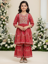 Girls' Festive Red Embroidered Kurti and Tiered Sharara Set