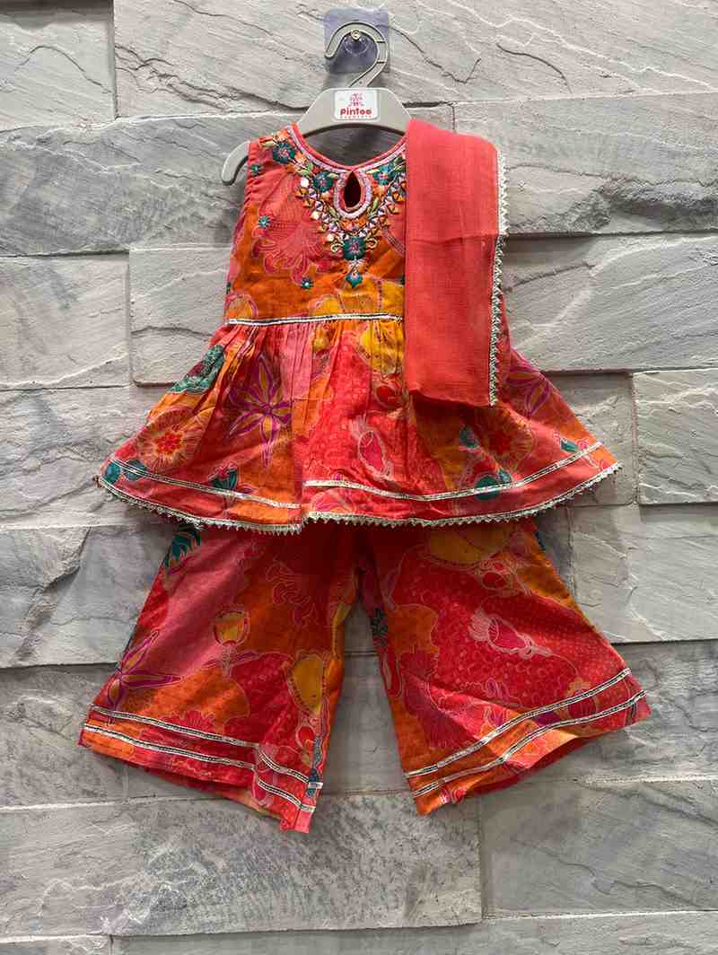 Girls' Orange & Red Floral Sleeveless Ethnic Set with Palazzo & Dupatta