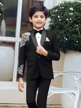 Boys' Black Tuxedo Suit with Silver Feather Shoulder Embroidery